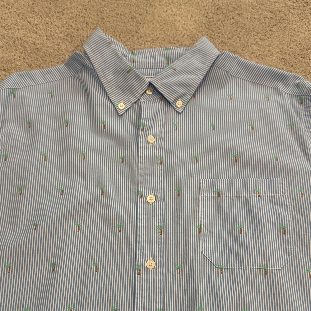 Southern Tide Light Blue Striped Palm Tree Print Shirt